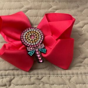 Pink Bow Hair Clip with Rhinestone Lollipop
